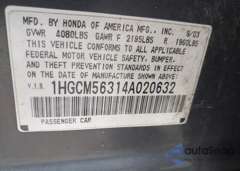 2004 Honda Accord 2.4 Lx from USA, damaged, VIN 1HGCM56314A020632